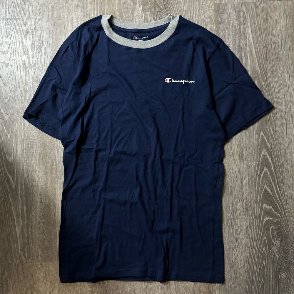 Champion navy blue t-shirt logo embroidered ringer